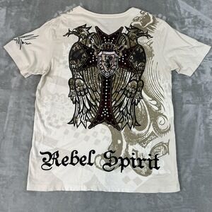 Rebel Spirit Shirt Mens 2XL White V-Neck Cross Eagle Crest Graphic Gothic Tee